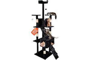 WINTEM Tiragraffi XXL 170cm con Doppia Cuccia per Gatti Adulti, Albero Giochi in Sisal e Peluche, Piatteforme Relax, Ampio e Sicuro per il Massimo Divertimento dei Gatti Nero