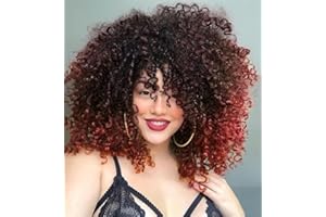 PORSMEER Perruque Femme Naturelle Afro Bouclée avec Frange Court afro kinky Cheveux Perruque Ombre Auburn Synthétique Résistant à la chaleur perruques Volumineuse 14 pouces