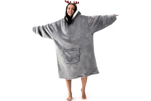 Hansleep Pull Plaid à Capuche, Pull Polaire Femme Homme, Flannel Blanket Hoodie, Wearable Couverture a Capuche Sherpa Adulte avec Manche et Poche, Géant Chaud Doux, Gris, 84x110 cm