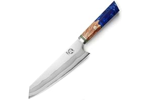 MITSUMOTO SAKARI Cuchillos Cocina Profesional 440C Damasco, Cuchillos Japoneses de Damasco de 7 Capas, 21 cm Cuchillos Cocina Kiritsuke Forjado a Mano (Mango de Granada Azul y Caja de Regalo）