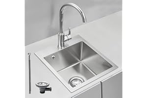 ROVOGO 50 x 40 cm Stainless Steel 304 Kitchen Sink with Basket Strainer Waste and Overflow Kit, Small Sink Kitchen with 3.5 cm Tap Hole, Brushed Single Bowl
