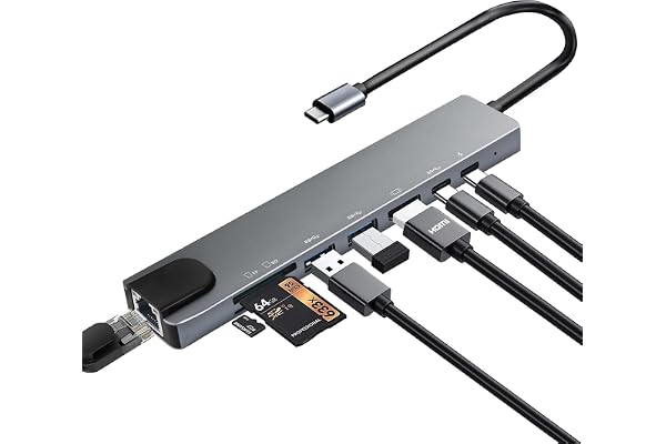 Hub USB C, 8-en-1 Adaptateur USB-C vers HDMI 4K, RJ45 Ethernet, PD 100W, USB 3.0, USB 2.0, Port de données USB-C et Lecteur de Cartes SD/TF, Compatible avec MacBook Pro/Air, iPad Pro, Dell, Surface
