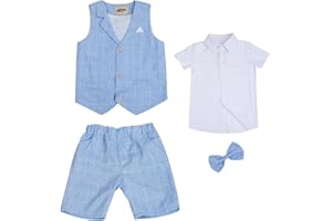 aromm 4 Piezas Niños Traje Boda Verano Slim Fit Conjunto de Camisa y Pantalones Cortos y Chaleco y Pajarita para Fiesta Cumpleaños Escuela