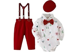 Fohuanky Baby Boy Christmas Outfit Toddler Formal Holiday Clothes 4PCS Gentleman Set Bodysuit Bow Tie Hat & Trousers with Suspenders