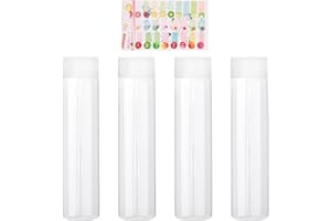 YSDYY 4 Bouteilles Cylindriques en Plastique Transparent Avec Couvercles Blancs - 1 Autocollant de Fruits - Pour Jus, Lait - Réutilisables - Conteneurs de Boissons