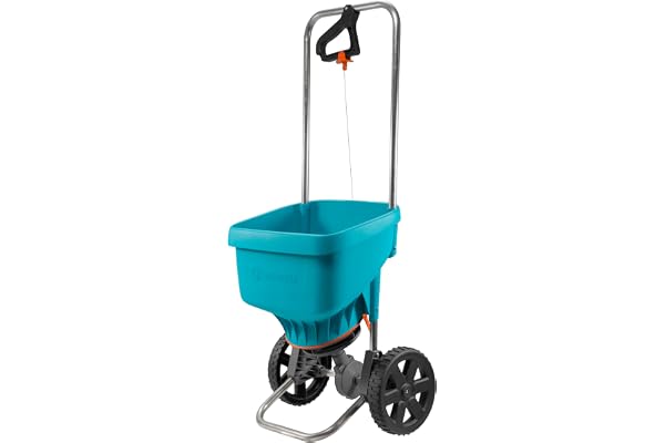 Gardena Épandeur à engrais XL sur roues de : épandeur pour engrais, semences et sel de voirie, largeur d'épandage 1,5 à 6 m, surface d'env. 800 m², capacité 18 l, avec glissière de fermeture (436-20)