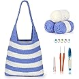 HASTHIP® DIY Crochet Bag Material Kit Beginners Blue White Stripy Fashion Crochet Tote Bag Material Kit with Yarn, Crochet Hook, Tools & Accessories, Tutorial Video, DIY Crochet Kit for Adult