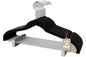 COM-FORT HOUSE - Perchas Terciopelo con Pinzas Antideslizantes- Color Negro- 12 Unidades- 2 Clips Ajustables - para Pantalones, Faldas - Gancho Giratorio 360° - Ahorra Espacio