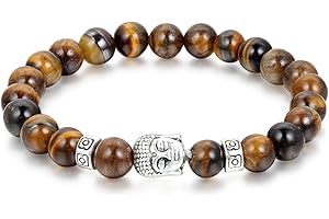 Flongo 8mm Pulsera de Cuentas Agatas de Marrón Buda Pulsera para Hombre Pulsera para Mujer Color Plata Tibetana, Estilo Oracion Budista, Adorno de Verano