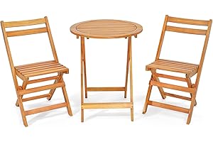 TANGZON Wooden Folding Bistro Set, Outdoor Dining Table and Chairs Set with Slatted Tabletop & Seat, Acacia Wood Garden Furniture Set for Porch Balcony (Horizontal Slatted Back,without Cushions)