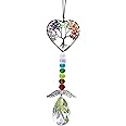 Healing Crystals Decor Tree of Life Car Hanging Accessories Suncatcher with Wings 7 Chakras Window Hanging Decor Meditation Ornaments Home Decoration (colorful heart)