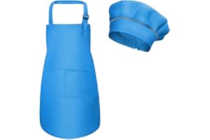 Fodlon Bambini Grembiule e Cappello da Cuoco, Bambino Regolabile Grembiuli da Chef con Tasche per Ragazze Ragazzi, Bambina Grembiule da Cucina per Cottura Cucinare Pittura (M per 3-6 Anni) (Blu)