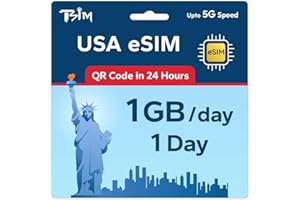 TSIM eSIM USA Prépayée pour Voyage | 1 Jour, 1 Go/Jour Vitesse 5G | Point d'accès autorisé | Code QR envoyé par Email en 24h | Scannez et utilisez immédiatement | Données Uniquement