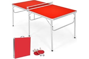 GYMAX Table de Ping-Pong Pliable, 152,4 x 76,2 x 76,2 CM, Mini Table de Tennis avec 2 Balles et 2 Raquettes, Table Portable pour Tennis pour Intérieur et Extérieur (Rouge)