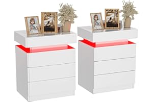 ‎PIPIPOXER PIPIPOXER 2er Set Nachttisch mit LED Beleuchtung, Beistelltisch in weiß mit großen Stauraum,Nachttische aus Holz mit 3 Schubladen Nachtschrank für Wohnzimmer,Schlafzimmer,Bett Weiß 45x35x61cm