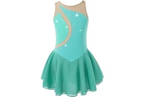 ranrann Enfant Fille Robe Patinage Artistique Mock Neck Strass Justaucorps Gymnastique Tulle Robe Danse Classique Ballet Bodysuit Sport Brillant Costume Spectacle 4-12 Ans