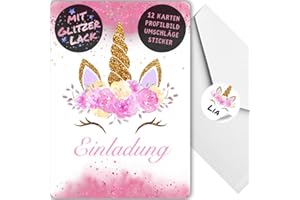 ‎CELEBR8TE celebr8te 12x Einhorn Glitzer Einladungskarten in rosa - Für den Kindergeburtstag von Mädchen - Einhorn Geburtstagseinladungen +12 Umschläge +12Sticker