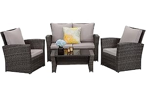 MeXo Gartenmöbel Set 4 Personen Kleiner Balkon, wetterfest Rattan und Edelstahl, Belastbarkeit pro Sitzplatz bis zur 140kg, Balkonmöbel Set Polyrattan und Metal (Grau-4 Personen)