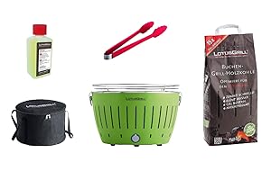 LotusGrill Starter-Set Classic 1x Grill Limettengrün USB-Anschluß, 1x Buchenholzkohle 2,5 kg, 1x Brennpaste 200ml, 1x Zange (Farbe nach Vorrat), 1x Transport-Tragetasche - der raucharme Holzkohlegrill
