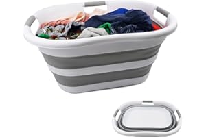 SAMMART faltbarer Wäschekorb aus Kunststoff, 40 l, zusammenklappbarer Pop-Up-Aufbewahrungsbehälter/Organizer – tragbare Waschwanne – platzsparender Wäschekorb (1, Weiß/Grau)