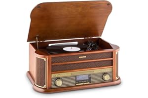 AUNA Belle Epoque 1908 - Giradischi Vintage, Radio Digitale, Giradischi Vinili in Design retrò, Dab+, FM, Bluetooth, Lettore CD, MP3, Funzione RDS, Cassetta, USB, Marrone