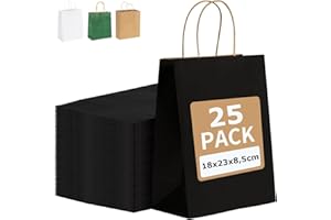 PAKNOR® Lot de 25 sacs en papier noir avec anse, 18 x 21 x 8 cm, sacs en papier avec poignée en cordon, sacs cadeaux, sacs cadeaux, calendrier de l'Avent DIY (noirs, 25 pièces)