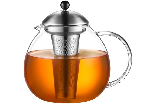 glastal Théière en verre 2000 ml avec passoire à thé en acier inoxydable 18/10, grand verre borosilicaté, théière sur cuisinière, verseuse en verre avec tamis amovible, 2000 ml (Argent)