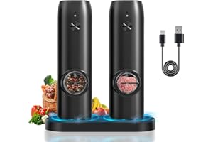 Haomacro Pepper Grinder Set of 2,USB Rechargeable Electric Pepper Mill with Charging Base,Ceramic Grind and Adjustable Coarseness,Automatic Grinder Gift for Mom,Famialy Home Kitchen Cooking