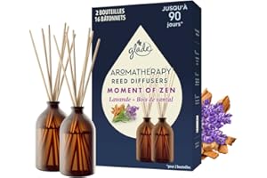 Glade Aromatherapy Diffuseur Bâtonnets - Infusé Aux Huiles Essentielles - Jusqu'à 90 Jours De Parfum - Moment of Zen, Lavande & Bois de Santal - 2 Diffuseurs & 16 Bâtonnets