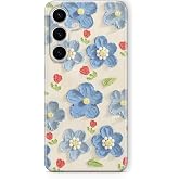 Multitronic Samsung Galaxy S25 FE ile Uyumlu Mavi Yağlı Boya &Ccedil;i&ccedil;ek Desenli Şeffaf Telefon Kılıfı