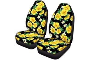 Wanyint Yellow Hibicus Floral Universal Fit Vehicle Front Bucket Seat Covers Protector for Women Girls,Hawaiian Style Car Interior Accessories for Decoration