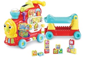 VTech - Maxiloco, Mon Trotti Train 7 en 1, Trotteur Pousseur Bébé, Porteur Évolutif, Tableau d'Éveil Interactif Détachable, Blocs de Construction Alphabet, Cadeau Bébé Dès 1 an - Contenu en Français