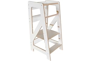 BABYLIKE Montessori Lernturm für Kinder | Lernstuhl ab 1 Jahr | Learning Tower | Tritthocker mit 2 Stufen & verstellbaren Fachböden | 46x40x85 cm| Weiss