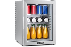 KLARSTEIN Nevera Pequeña Portatil Puerta de Cristal, Mini Nevera Silenciosa para Casa y Oficina, Frigorificos Pequeños para Refrescos, Cervezas, Estantes Extraíbles, Minibar 12-18°C, 42 l.