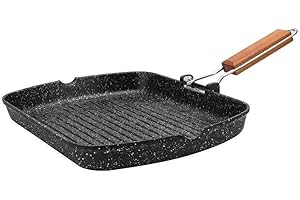 KAMBERG Padella Griglia 34 x 24 cm, Manico in legno Pieghevole, Ghisa di Alluminio, Rivestimento Antiaderente di Alta Performance Pietra, Tutti Fornelli y induzione, Senza PFOA