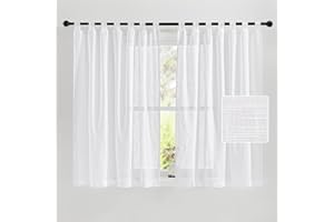 PONY DANCE 2 Stücke Schlaufengardinen Kurz - Voile Gardinen Weiss Halbtransparent Vorhang Leinenoptik Schlaufenschal Gardine für Küche Luftige & Lichtdurchlässige Vorhänge, H 145 x B 140 cm
