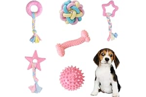 Aliangting Dog Puppy Teething Toys,6 Pack Pink Puppy Chew Toys Set With Ball and Cotton Ropes,dog toys for small dogs,Squeaky Interactive puppy teething toys from 8 weeks