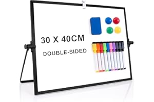 ARCOBIS Dry Erase White Board for Desk, 40X30cm Small Magnetic Desktop Whiteboard with Stand, 10 Markers, 4 Magnets, 1 Eraser, Double-Sided White Board Easel for Drawing to Do List School Black