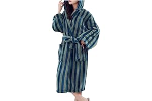RIKAY Towelling Bath Robes for Women Striped Bathrobe Hooded Neck Sleepwear Robe Long Belt Ngihtgown Pockets Sleepwear Long Sleves Verknee Pajamas Loose Warm Thickened Long Velvet Bathrobe Home