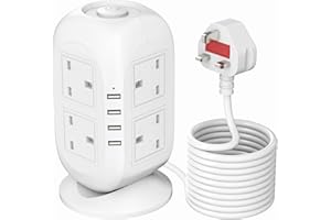 【5M】VANPOO Tower Extension Lead with USB Cords, Vertical Desktop Power Strip Extension Tower with 8 Outlets and 4 USB Ports, Switched Charge Station and surge protected extension lead with 5M Cable