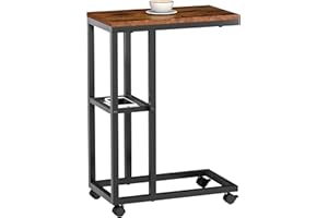 KU Syang C Shaped Side Table, Small End Table with Wheels, Narrow Sofa Table with Metal Mesh Shelf, Slim Bedside Table for Bedroom, Living Room, Couch (Rustic Brown and Black)