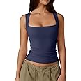 QINSEN Women's Square Neck Sleeveless Double-Layer Tank Tops Basic Tight T Shirts