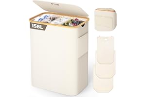 OUSFOT Cesto para la Ropa Sucia con 3 Compartimentos para Ropa Sucia Mango de Bambú 158L con Tapa Bolsillo Trasero de Malla Plegable Cesto para la Colada Beige