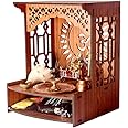 ZUPER Wood Fully Handmade Om Carved Pattern with LED Spot Light Home Temple I Temple for Office I Dev Ghar I Hanging Stand for Puja (Brown-5) (Pack of 1)