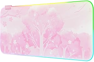 Mytrix RGB Alfombrilla de Ratón Rosa XXL 800x300 mm, 14 Modos de Luz, Alfombrilla de Teclado Impermeable, Base de Goma Antideslizante, Alfombrilla de Escritorio Grande Extendida, Flores de Cerezo