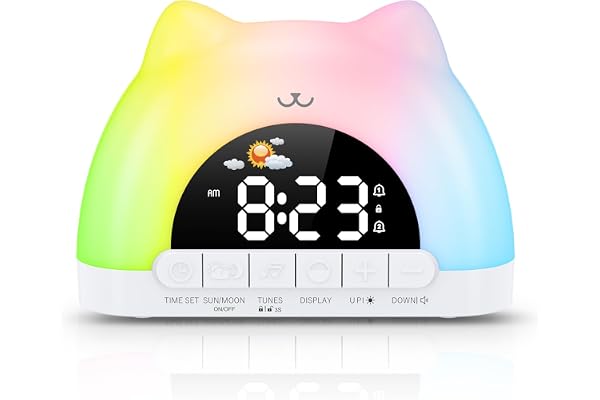 ORIA Barnväckarklocka med sömnträning, 11 RGB-färgnattlampor, dubbla larm, snooze, barnlås, 10 ljud, 5 ljusstyrka, auto-dim, ok för att vakna klockan för småbarn, pojkar, flickor