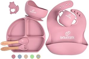 Baby Essentials by Bebefant™ | Silicone Baby Weaning Set | Suction Bowl | Suction Plate Baby | Cup | Adjustable Bib with Pocket | Bamboo Fork & Spoon for Baby Led Weaning | 6 Piece Baby Feeding Set