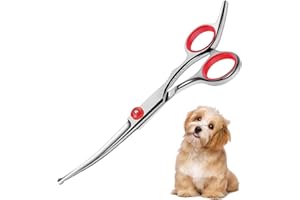 HORREX Gebogene Schere für Hunde 6 Zoll Pet Grooming Scissors for Dogs and Cats Dog Grooming Scissors Pet Comb High Performance Titanium Coated Stainless Steel Safety Round Tip Grooming Scissors
