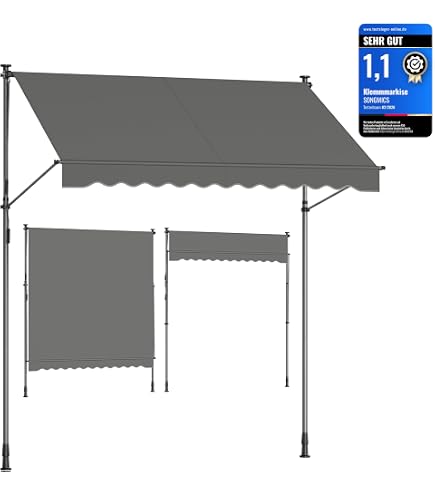 HENGMEI Klemmmarkise Balkon Markise Einziehbar Balkonmarkise Sonnenschutz ohne Bohren höhenverstellbar (200 x 120 cm, Graue und Weiße Streifen)