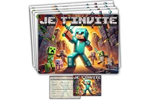 roxisha - Lot de 10 Cartes Invitation Anniversaire Thème Minecraft + Enveloppes - Garçon et Ado - Carte Postale 10,4 x 14,8 cm - Préremplies en Français - Idéal pour Fête et Goûter d'Anniversaire